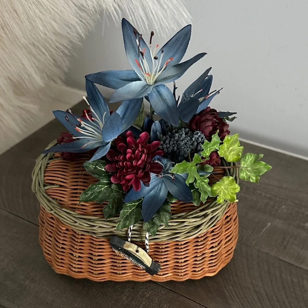 Wicker Basket with Blue and Red Floral Arrangement Cottagecore Grandmacore Decor